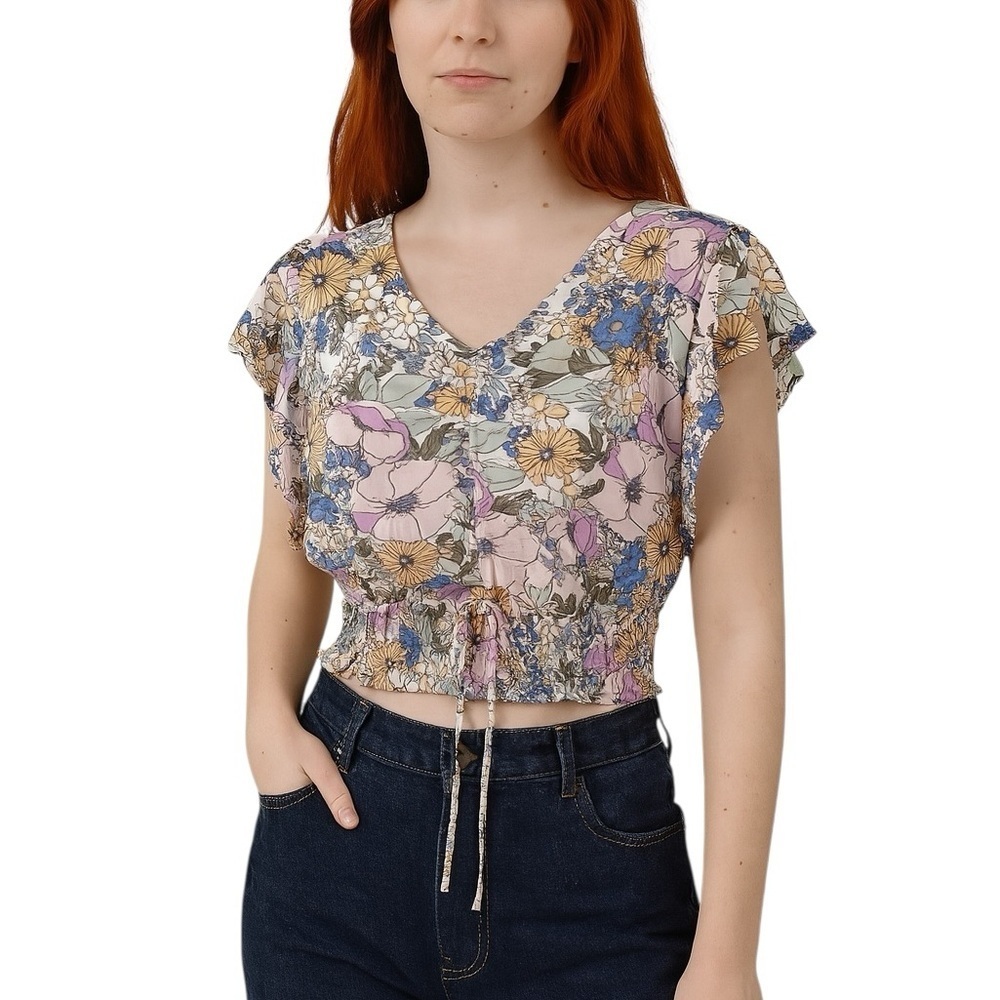 Monteau Medium Floral Cropped Ruffle Sleeve Shirt Blouse Casual Boho Flattering